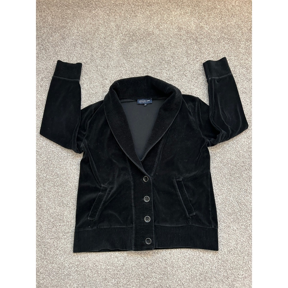 Jones New York Cardigan Womens PM Black Excellent Velour Corduroy Shawl Collar